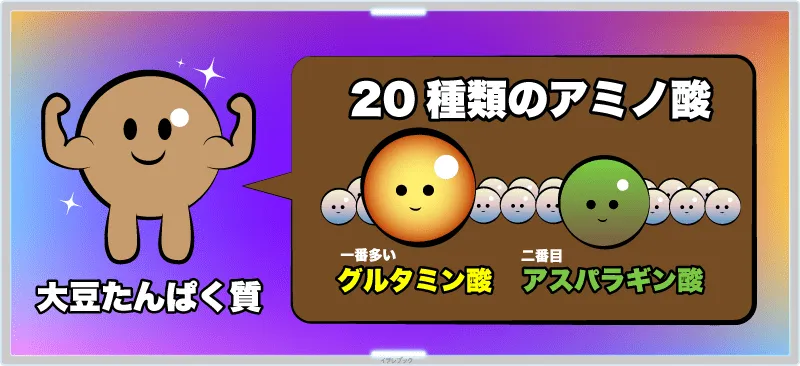 大豆たんぱく質は20種類のアミノ酸でできていて、その中で一番多く入っているのがグルタミン酸、次がアスパラギン酸
