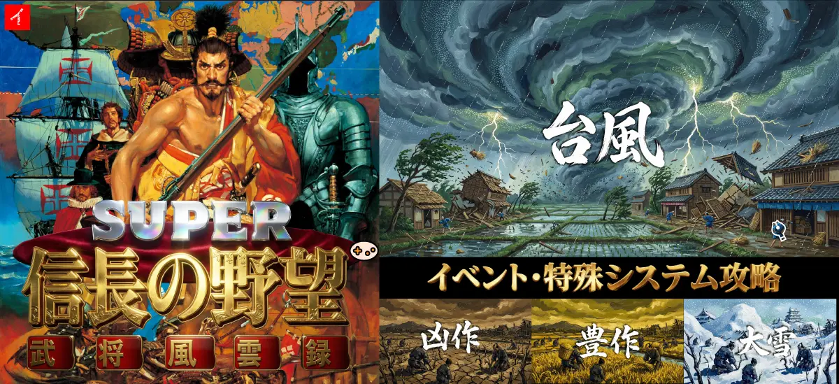 SUPER 信長の野望 武将風雲録 イベント攻略 台風、凶作、豊作のイメージ