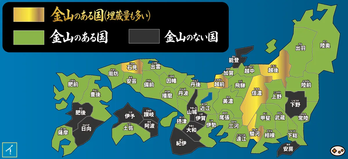 金山を発見しやすい国マップ（石見、越前、越後、信濃、駿河）