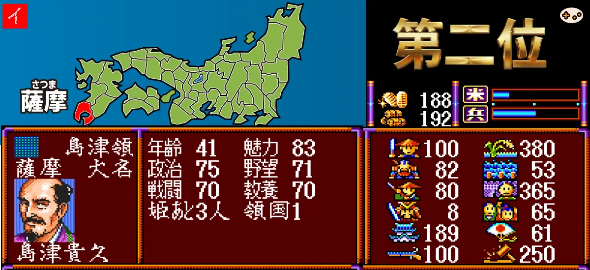 武将風雲録 初心者おすすめ大名3選の比較図。2位:島津貴久