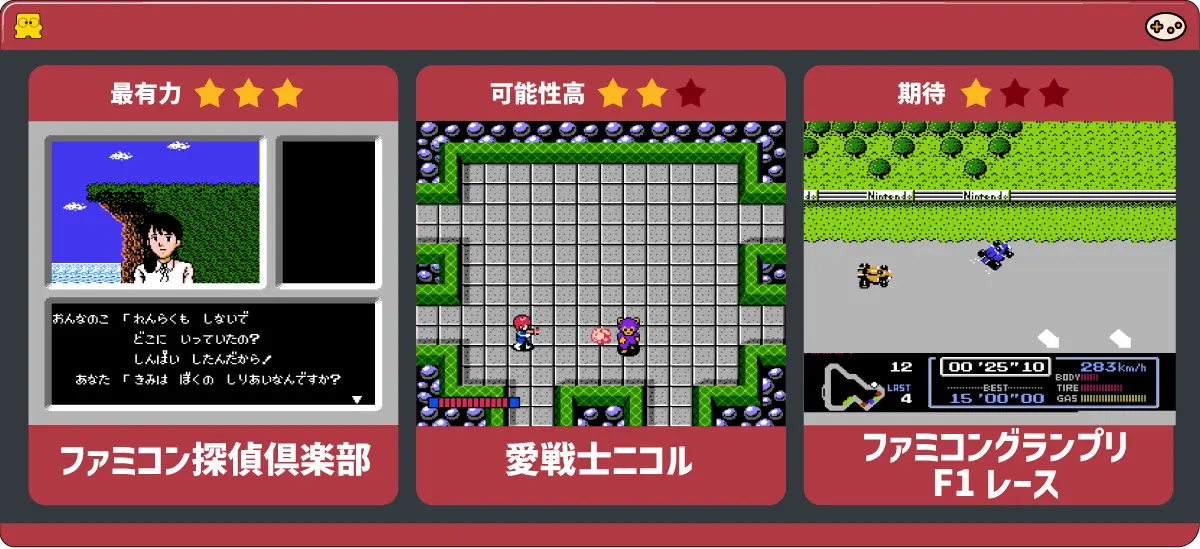 今後配信予想タイトル。ファミコン探偵倶楽部が最も可能性が高く、コナミ開発タイトルも候補