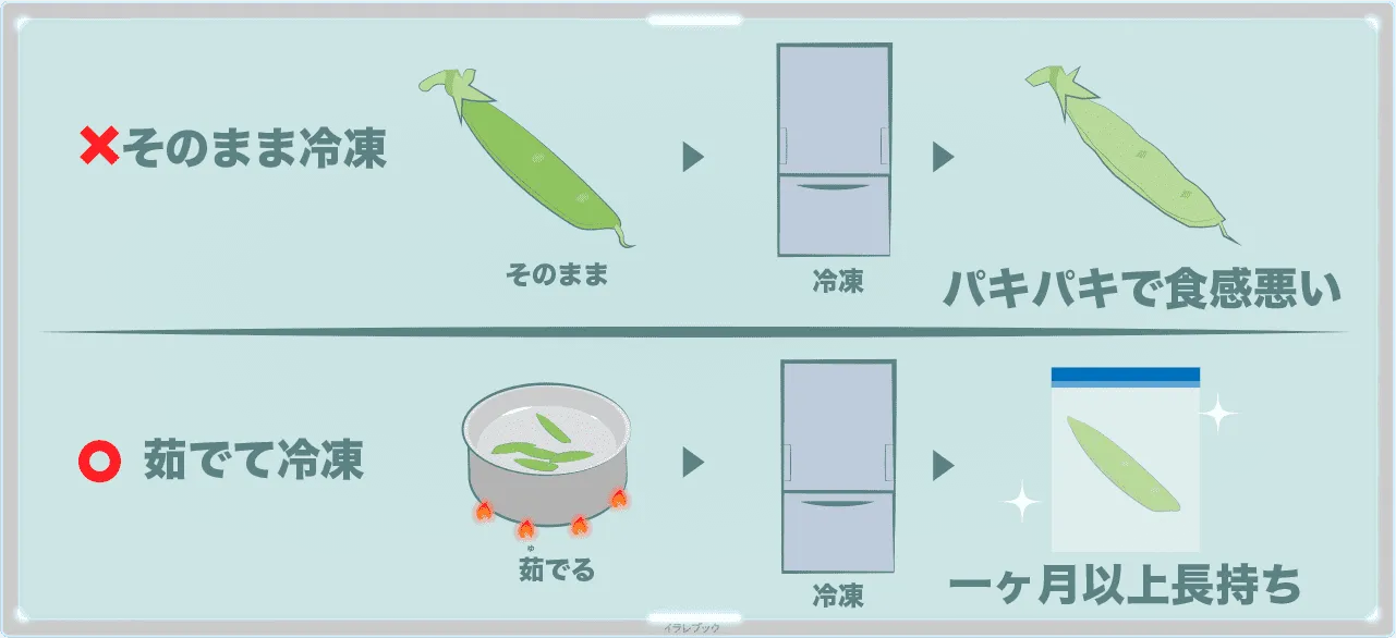 さやえんどうは、茹でてから冷凍すると1ヶ月以上長持ちする