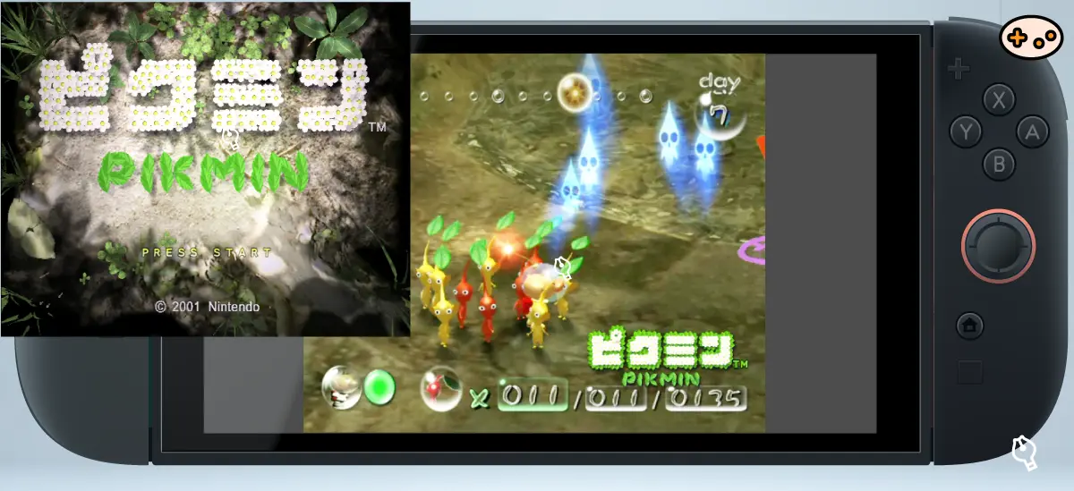 Nintendo Switch画面に表示されたピクミンのゲーム画面。オリマーが色とりどりのピクミンを率いて探索する様子