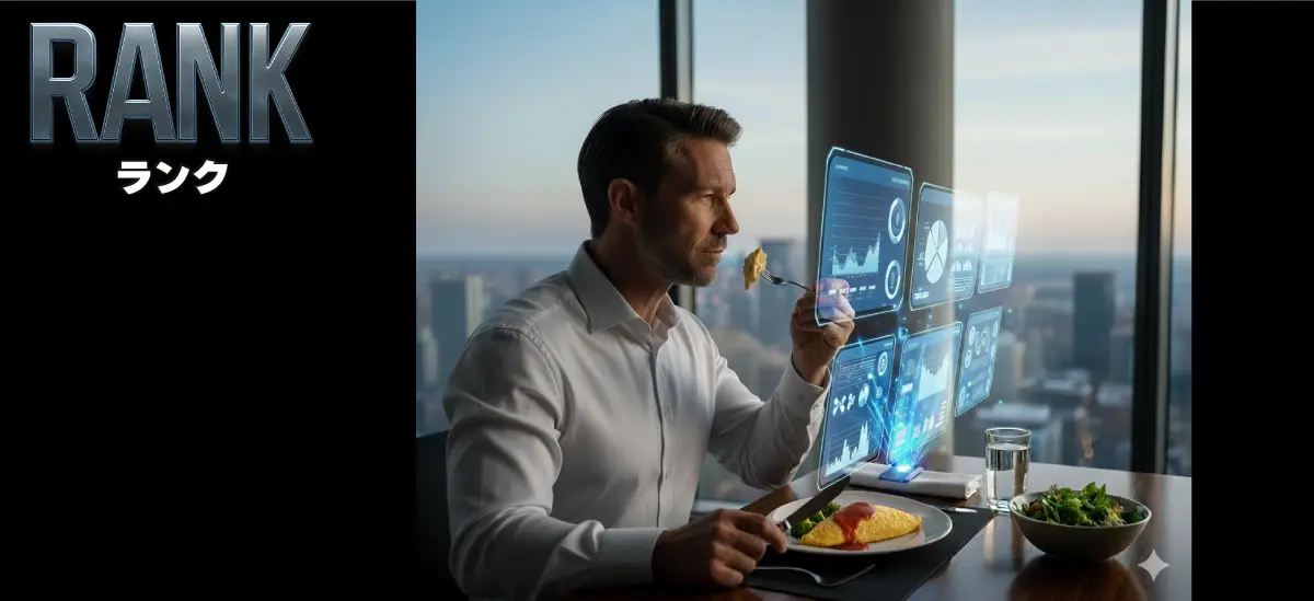 CEOのミシュランがAI製のプレゼン資料を見ながら朝食をとっているシーン