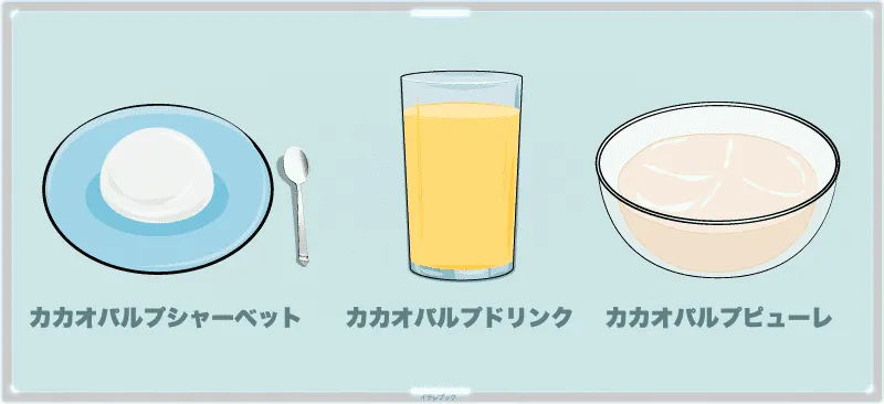 カカオパルプシャーベット、カカオパルプドリンク、カカオパルプピューレ