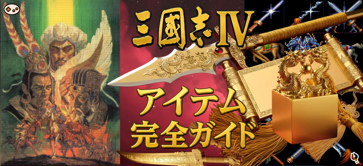 三国志Ⅳの代表的アイテム（遁甲天書三巻・玉璽・倚天の剣）を配置した攻略ガイドのヒーロー画像