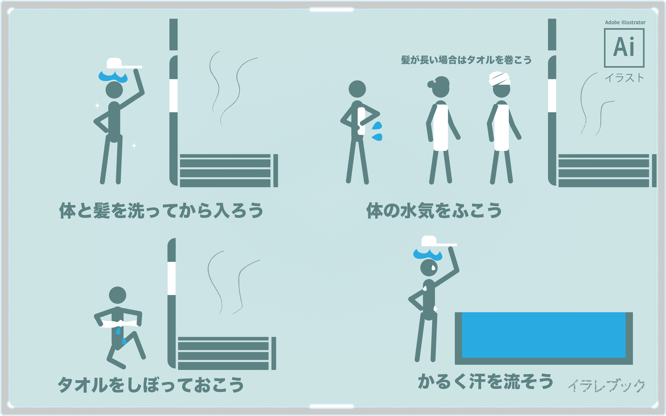 サウナのマナーや効果的な入り方　体と髪を洗ってから入る　水けをふく　髪は絞ってまとめる　水風呂前は軽く汗ながすの図解