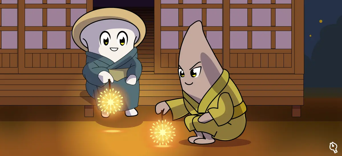 エリンギとヤーコンが夏の夜に花火で遊んでいる光景のイラスト