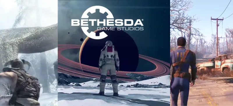ベセスダのアクションRPGの特徴をスカイリム、スターフィールド、フォールアウト4のシーンで表現した画像