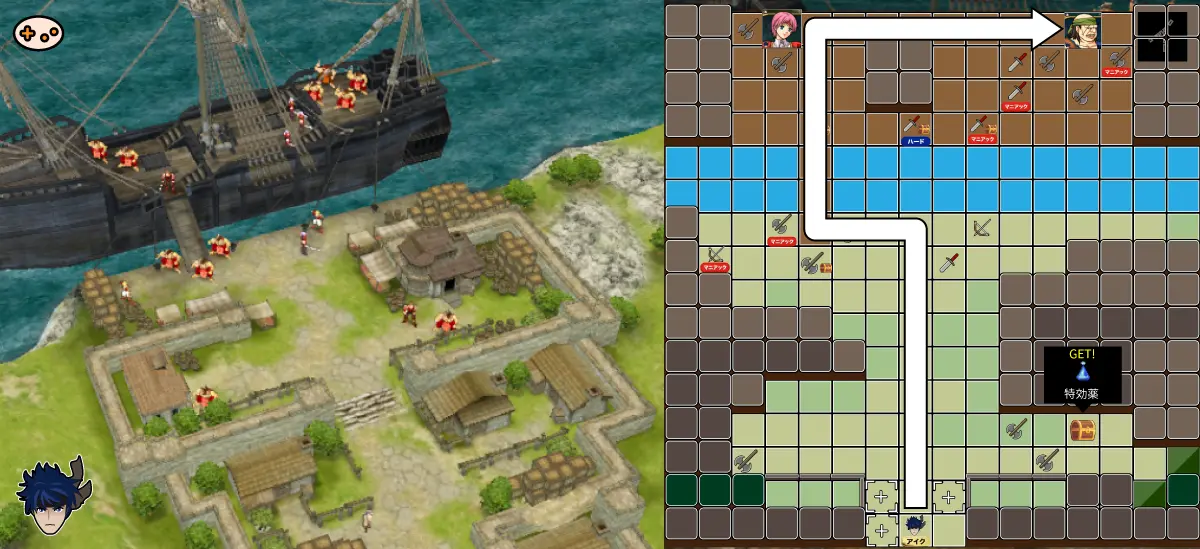 第3章「海賊討伐」マップ全体図 - 初期配置・民家・船・マーシャ出現位置