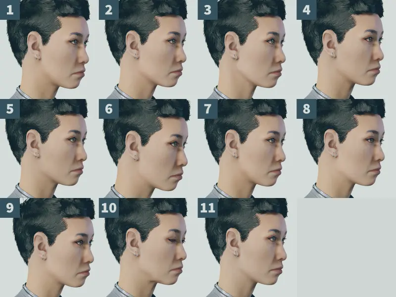 スターフィールドのキャラメイク画面で、顎の種類と呼ばれる顎の形や大きさを9種類選択できる部分のスクリーンショット