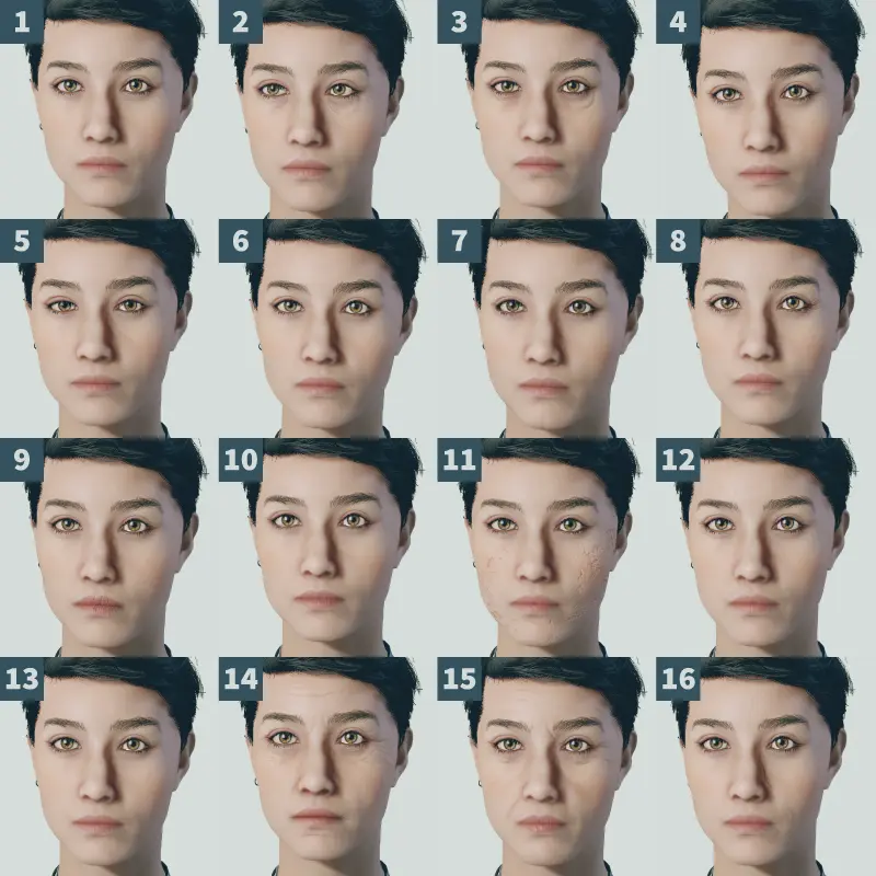 スターフィールドのゲーム内で選択できる顔の外見2の16種類を一覧にした画像