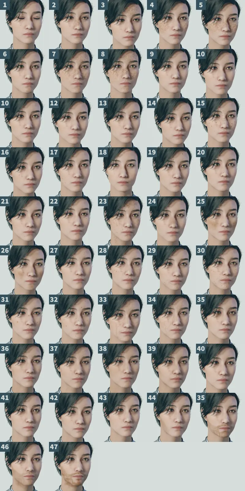 スターフィールドのキャラメイク画面で、顔の特徴の種類と呼ばれる47種類の選択できる部分のスクリーンショット
