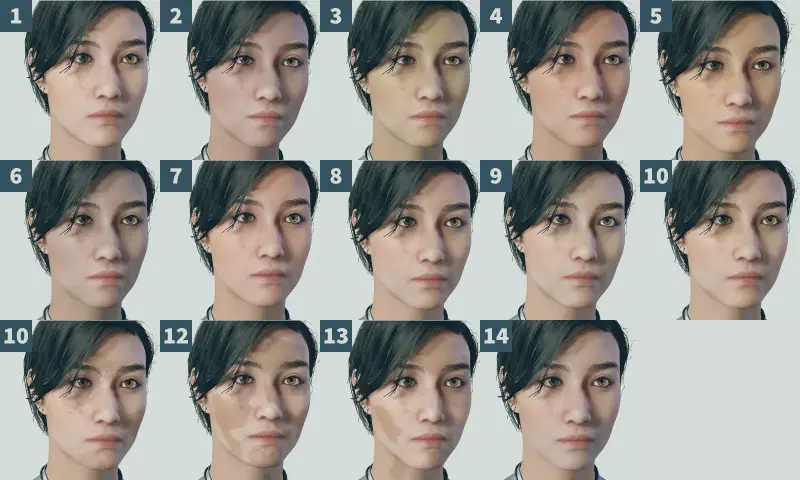 スターフィールドのキャラメイク画面で、顔全体の化粧の種類と呼ばれる14種類選択できる部分のスクリーンショット
