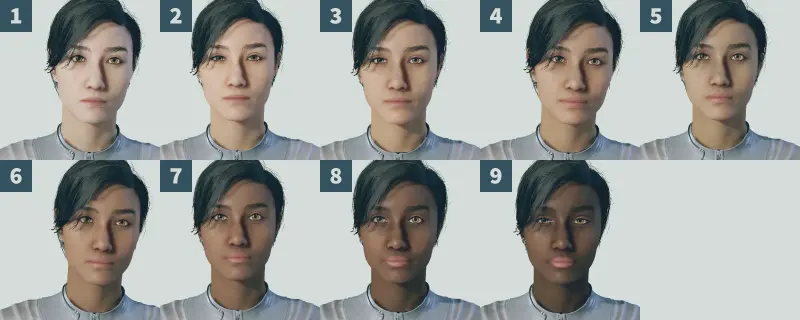 スターフィールドのキャラメイク画面で、顔のトーンと呼ばれる肌の色合いを9種類選択できる部分のスクリーンショット