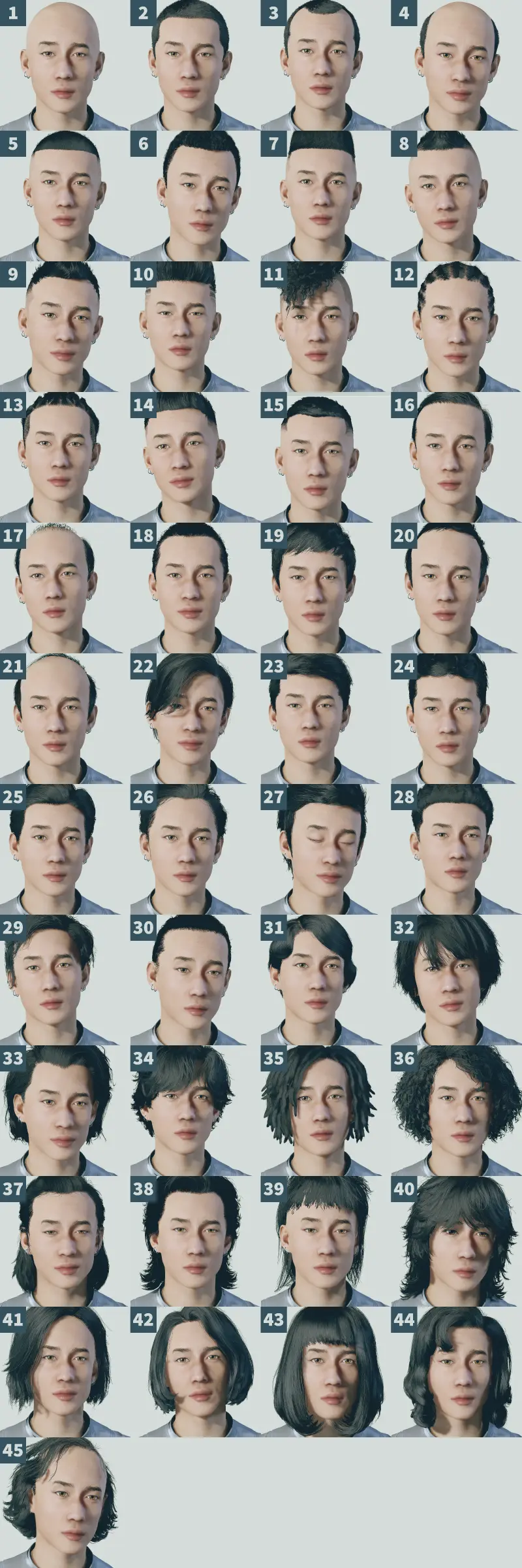 スターフィールドのキャラメイク画面で、髪型と呼ばれる男性の髪の形や色を45種類選択できる部分のスクリーンショット