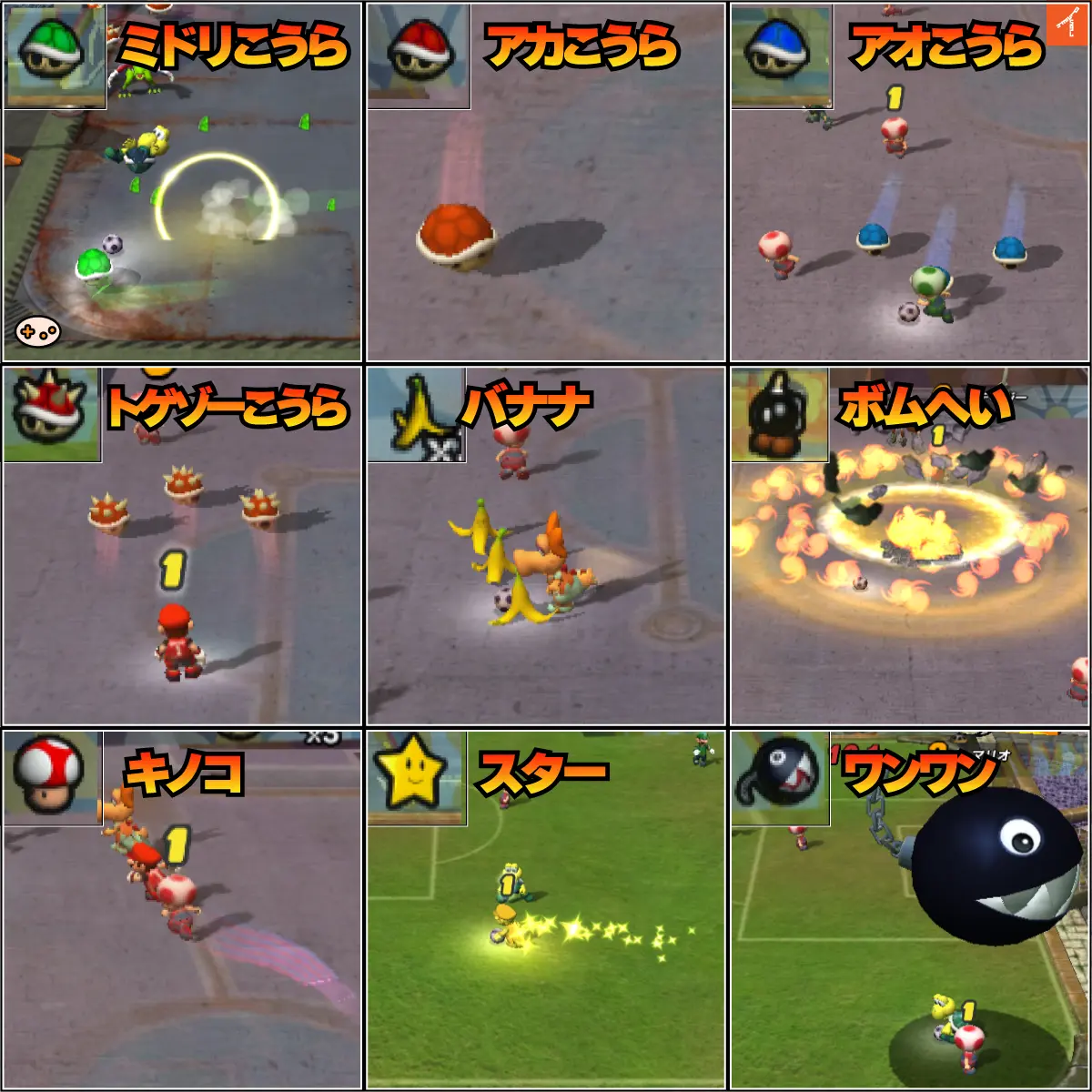 スーパーマリオストライカーズのアイテム8種の効果一覧インフォグラフィック。攻撃・守備・両用で色分け