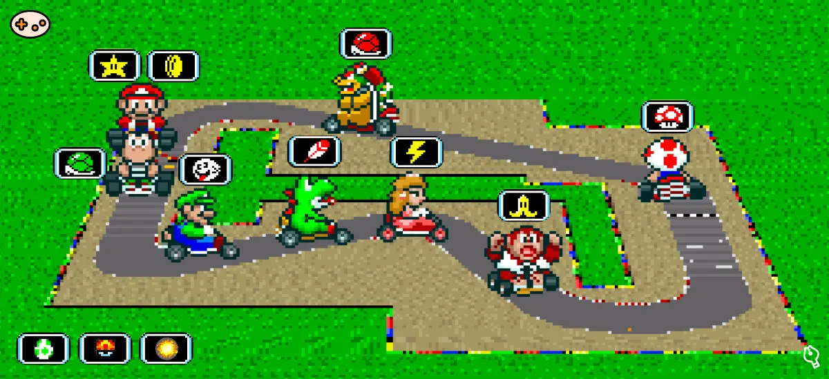 スーパーマリオカートのアイテムを持つドライバーたち