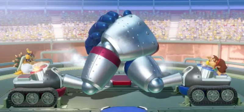 スーパーマリオパーティジャンボリーのバトルシーン、ロボットの手で戦うクッパとドンキーコング