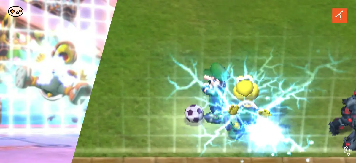 スーパーマリオストライカーズで電気フェンスに接触して感電するルイージ。青白い電気スパークが発生している