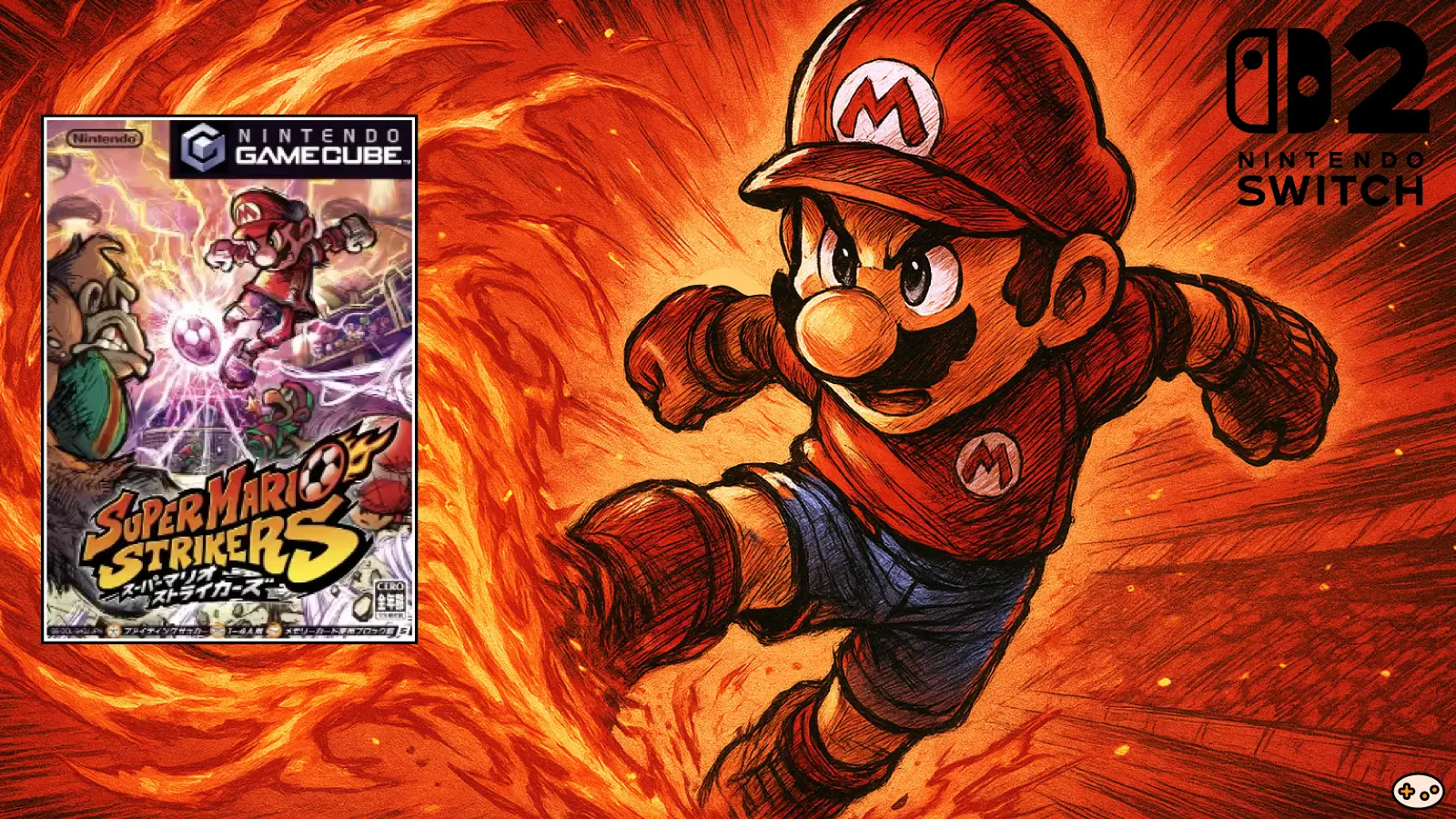 スーパーマリオストライカーズ キービジュアル - マリオとチームメイトが電撃フェンスの中で激しくボールを奪い合うダイナミックなシーン