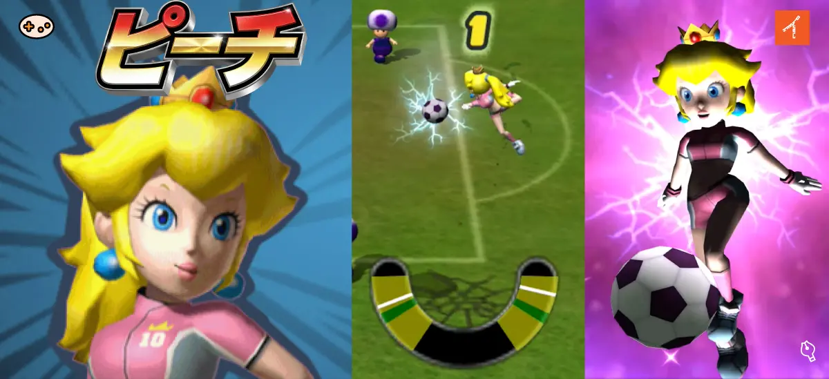 『スーパーマリオストライカーズ』のピーチの必殺技ゲーム画面