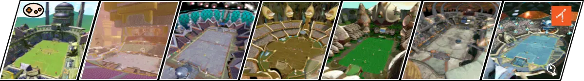 スーパーマリオストライカーズ全7スタジアムの画像一覧。パレスガーデン、パイプラインセントラル、アンダーグラウンドアリーナ、コンガコロシアム、クレーターフィールド、バトルドーム、クッパスタジアムを一覧表示