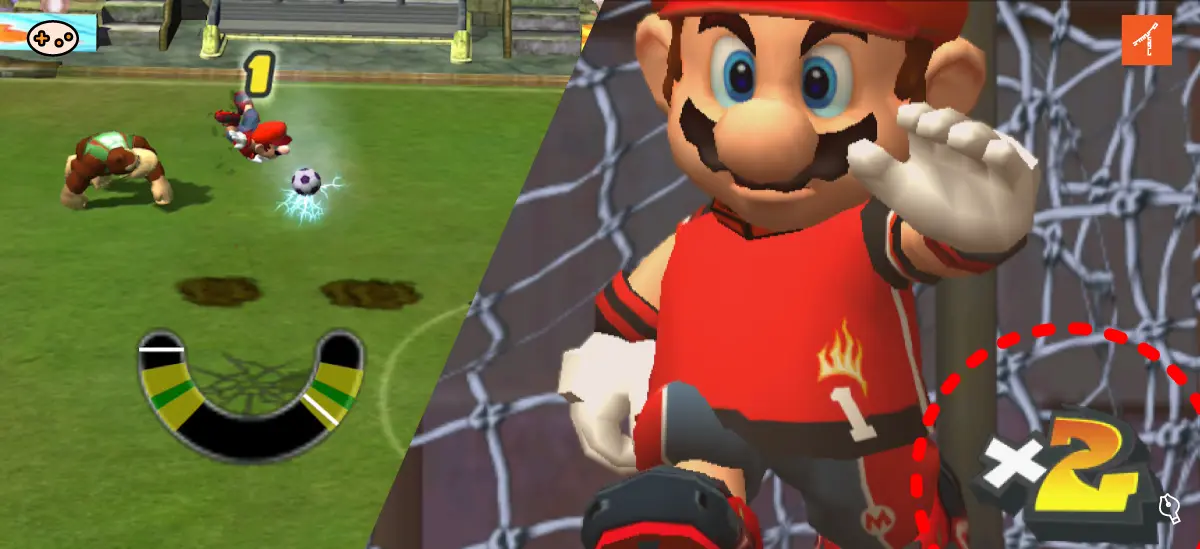 『スーパーマリオストライカーズ』のスーパーストライクで2点入ったゲーム画面