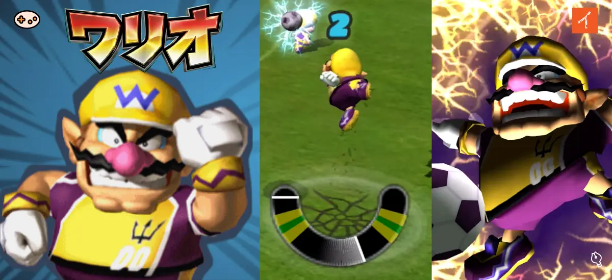 『スーパーマリオストライカーズ』のワリオの必殺技ゲーム画面