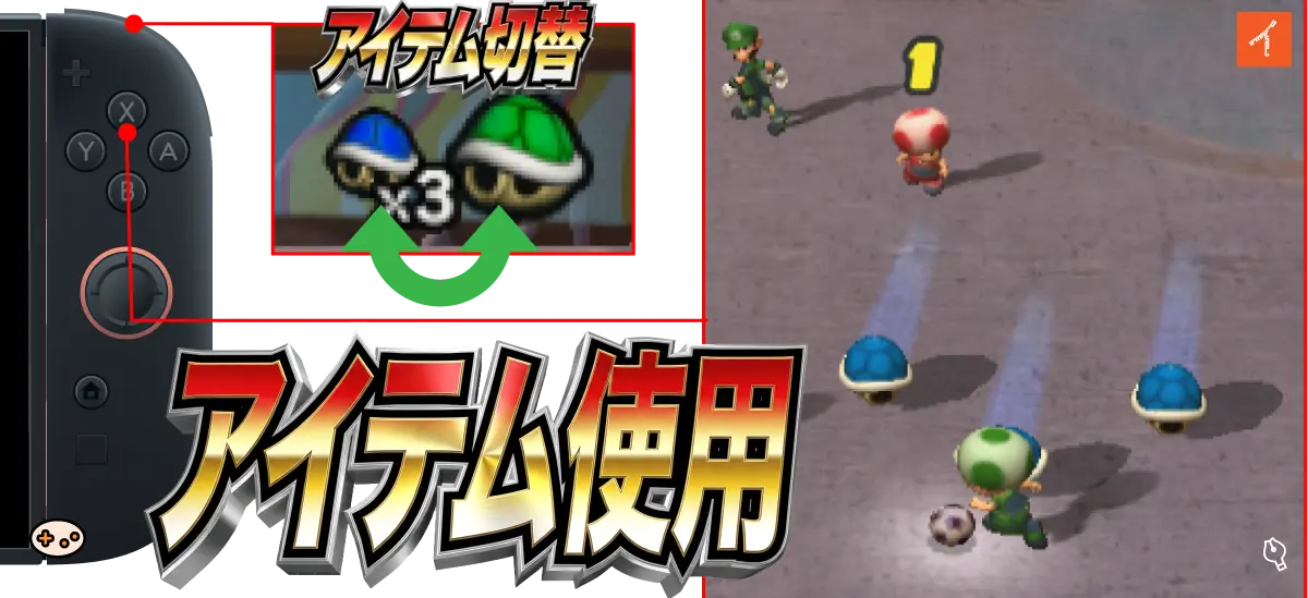 Xボタンでのアイテム使用操作とそのゲーム画面