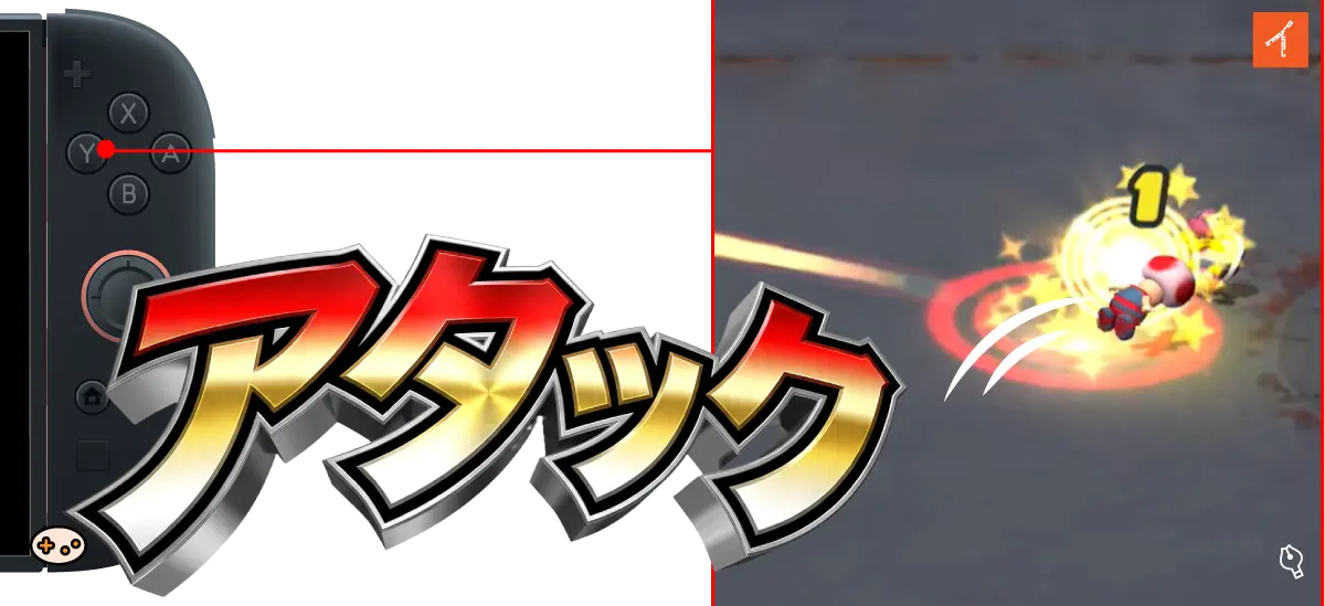 Yボタンでのアタック操作とそのゲーム画面