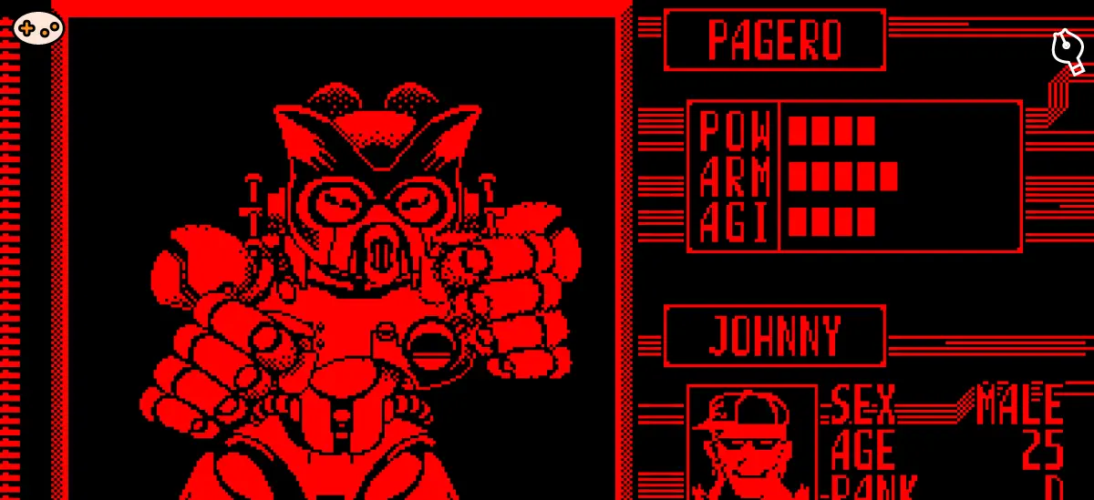 テレロボクサーの最初のボス、パゲロの全身立ち絵。初代テレロボクシングロボットの赤黒2色で描かれたシンプルなデザイン