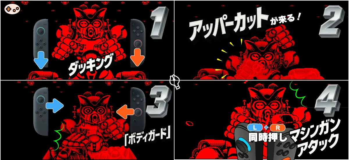 パゲロのアッパー誘発戦法の4ステップ図解。ボディガード構えからマシンガン反撃までの流れを示した攻略図