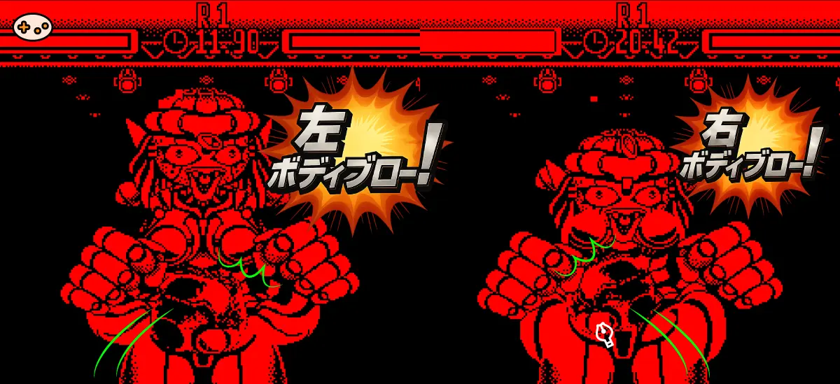 テレロボクサーのプリン戦で速攻戦術（腹パン連打）を実践する場面。プレイヤーロボットが左右のボディブローを交互に連打し、プリンが怯んでいる。複数のダメージ表示が画面に表示され、耐久力の低さを突く有効な戦術であることが分かる。