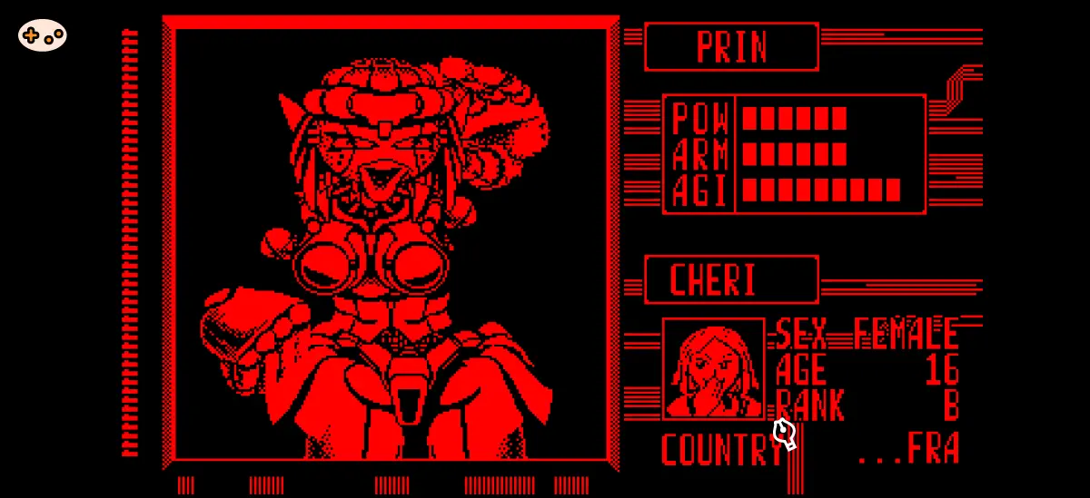 テレロボクサーのボスキャラクター「プリン」の全身図。女性型ロボットが赤黒の配色でボクシングの構えを取り、スリムな体型とスピード重視のデザインが特徴的。Virtual Boyのゲーム画面から抽出された画像。