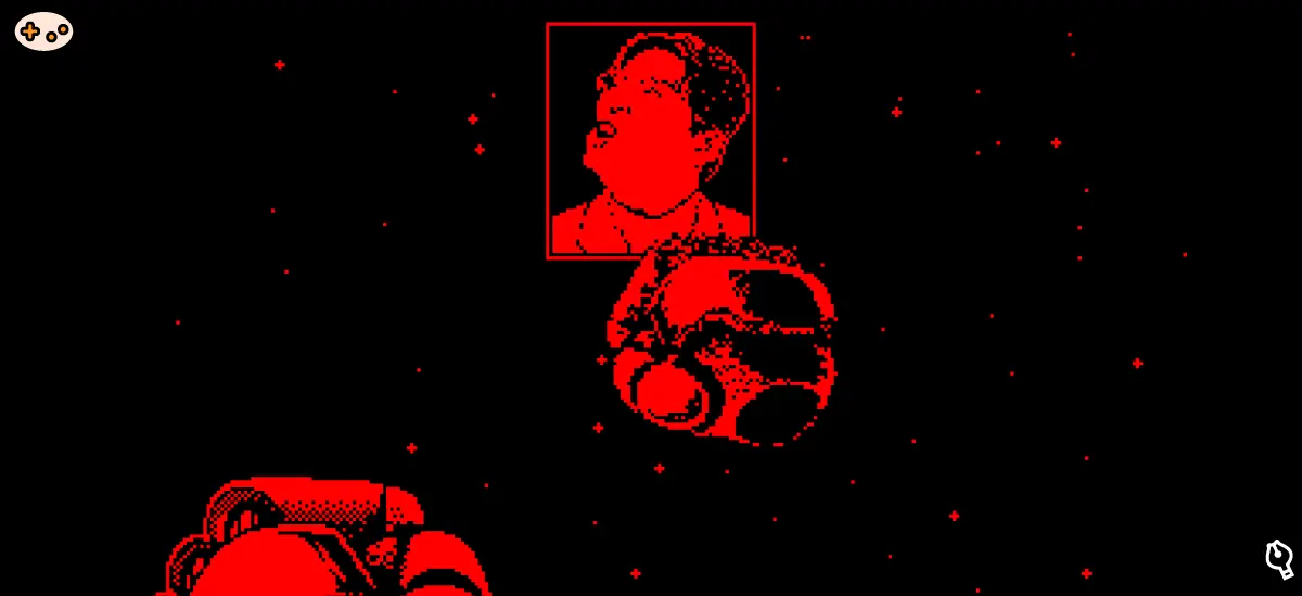 テレロボクサーのスタッフロール画面。開発者の顔写真が画面左から流れてきて、ハリーの拳が右側から写真に向かってパンチを繰り出している参加型演出のスクリーンショット