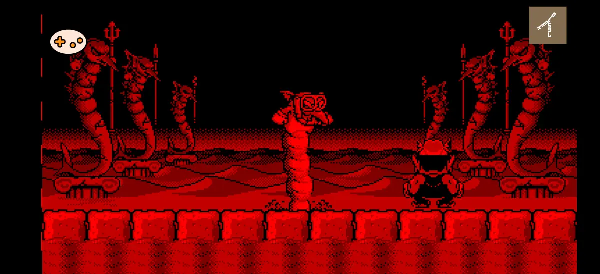 STAGE 8 サンドフィッシュのゲーム画面。手前レイヤーでワリオが戦い、奥レイヤーからサンドフィッシュが飛び出してくる