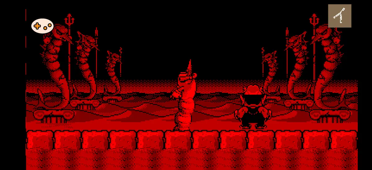 サンドフィッシュとの戦闘シーン。砂漠の砂中を泳ぎ、ワリオを狙って急襲してくる