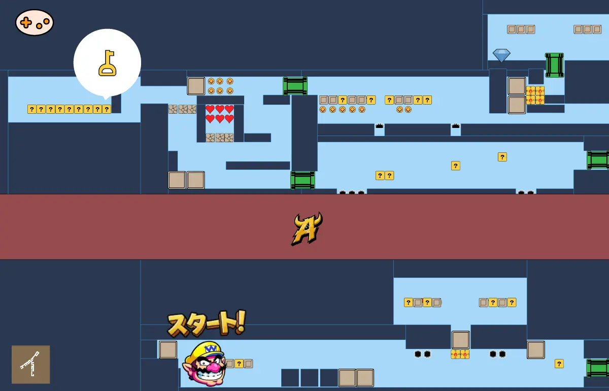 バーチャルボーイワリオランド ステージ3 カギと宝物とダイヤの位置、ジャンプ台による手前・奥レイヤーの移動経路を図解