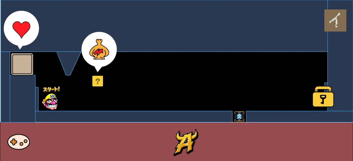 バーチャルボーイワリオランド ステージ4 ボスステージの隠しブロック・隠しアイテムの位置図解