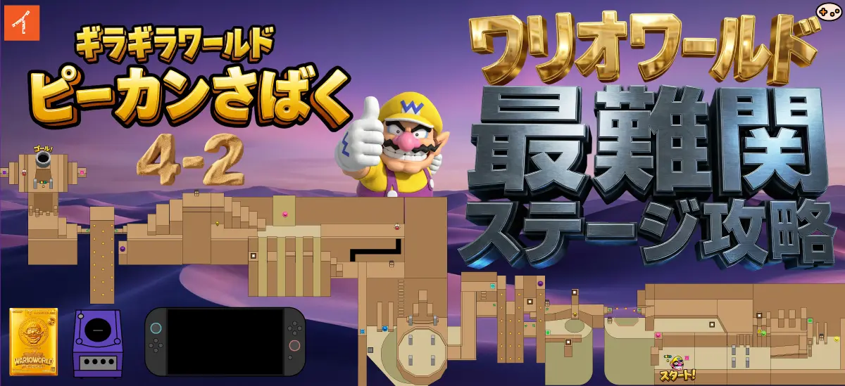 ワリオワールド ピーカンさばくのステージ全体イメージ。4-2の攻略ガイド