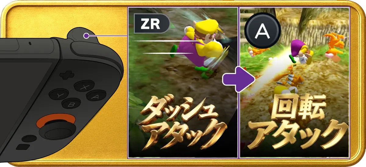 ワリオワールドのハ回転アタックの出し方を図解。