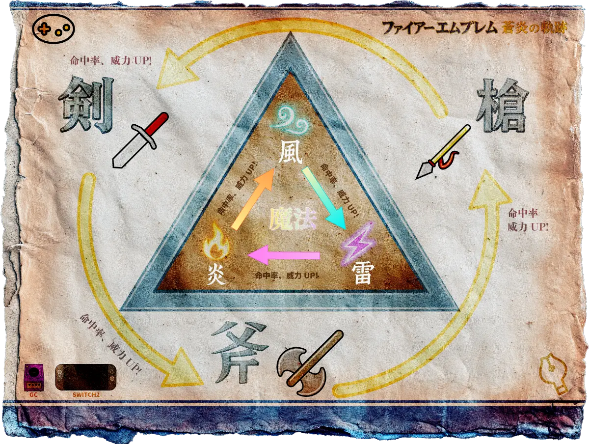 武器の三すくみ関係図：剣→斧→槍→剣の優劣関係と魔法の炎→風→雷→炎の関係を示す図解