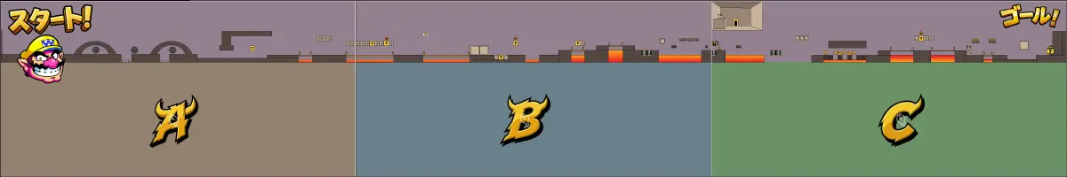 ステージ1 Grotto Distress の全体マップ。カギと宝物の位置、ジャンプ台による手前・奥レイヤーの移動経路を図解