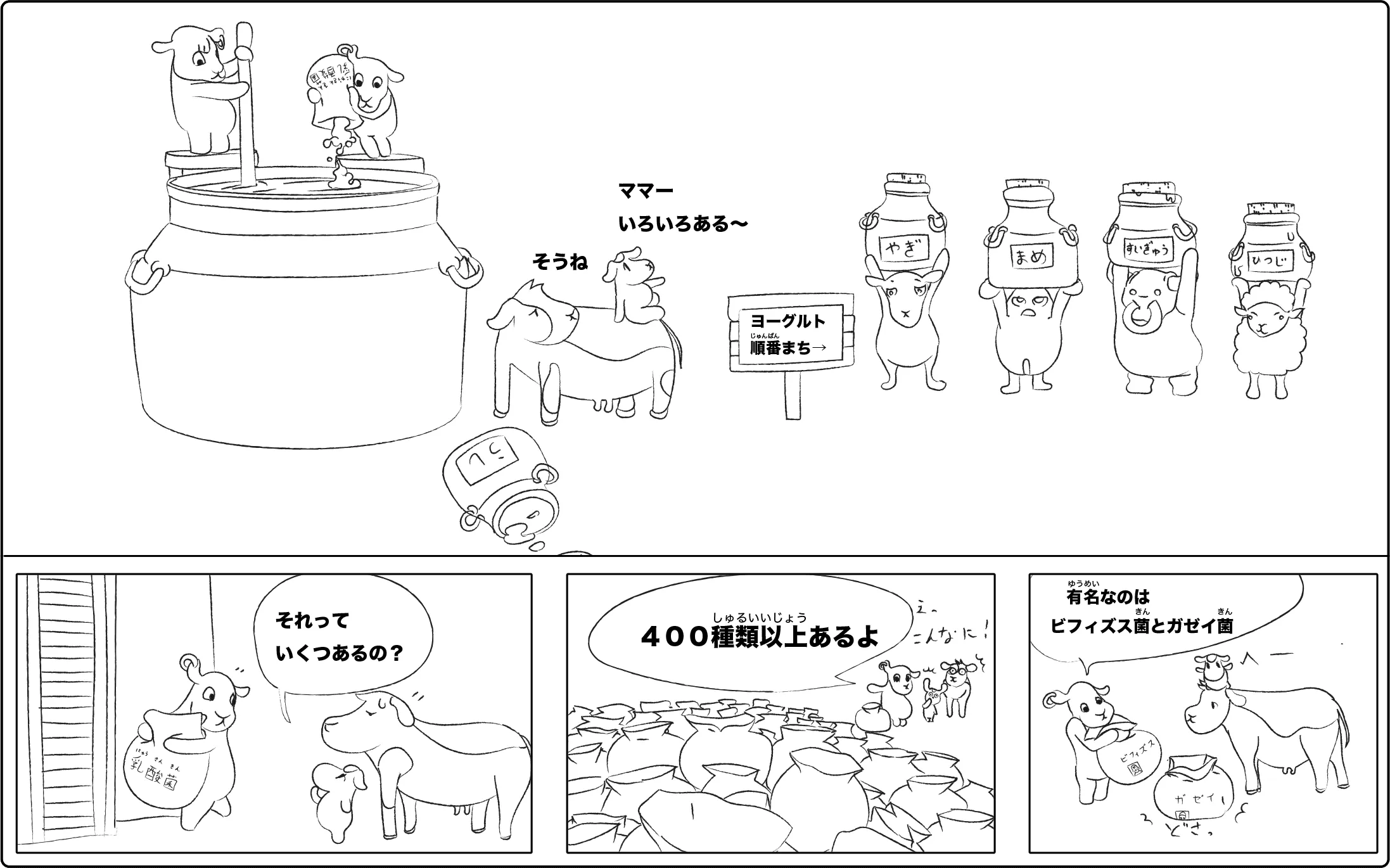ヨーグルト　まんが図解「牛、やぎ、羊、水牛のヨーグルトは乳酸菌を加えて発酵させて作る」フルカラー